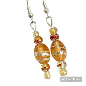 Peach Orange Murano Art Glass Earrings Bead Hand Painted Round Silver Plated